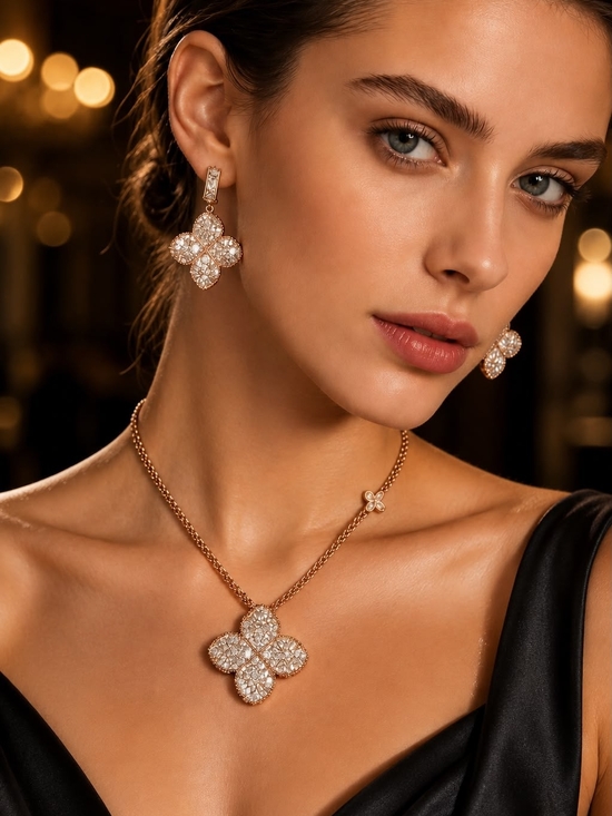 Anthropologie Jewelry - Gold Pave Clover Necklace and Earrings Set